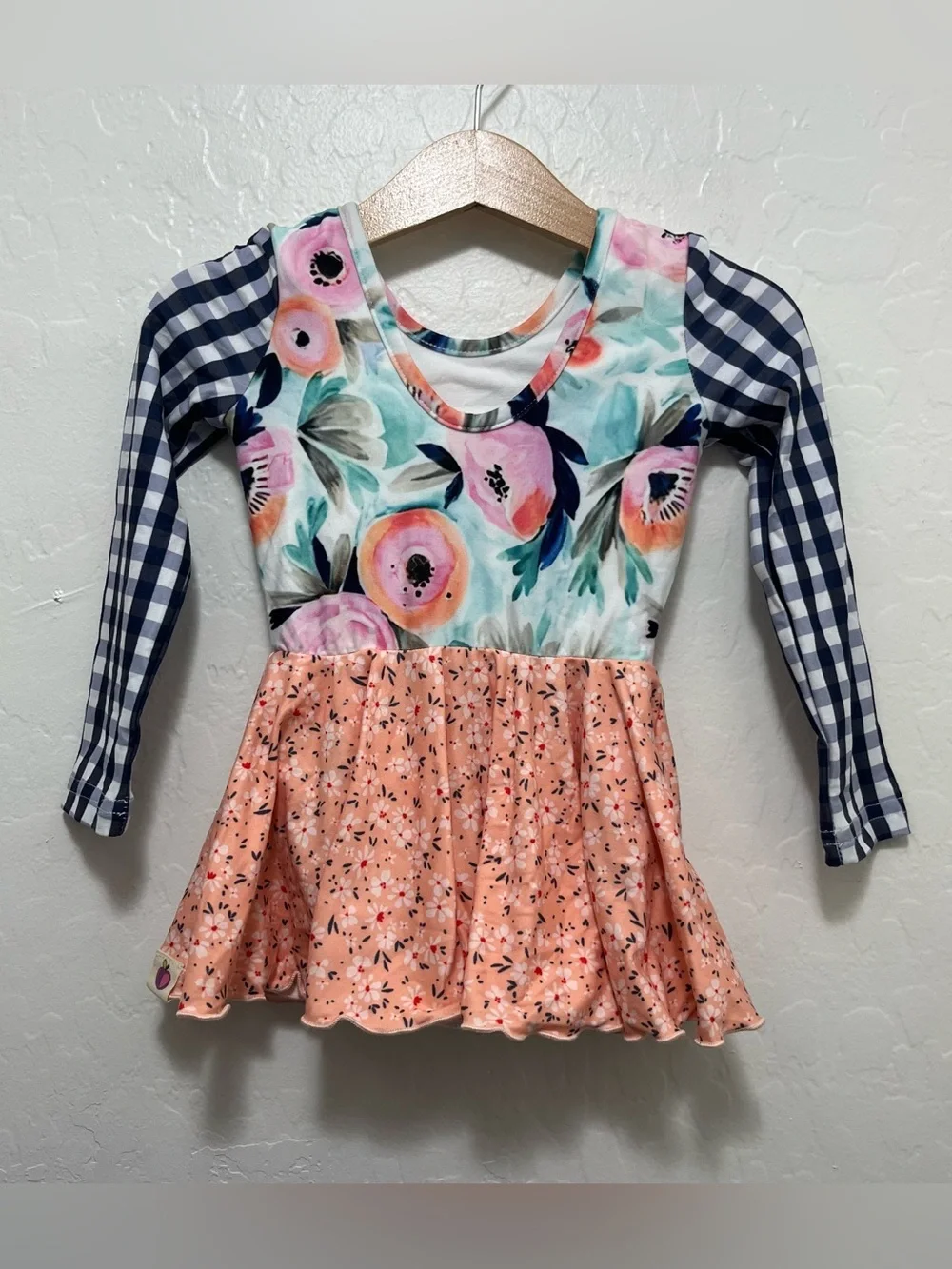 NWT Cheeky Plum Farrah Long Sleeve Skirted Leotard Floral Gingham Dress 18-24M